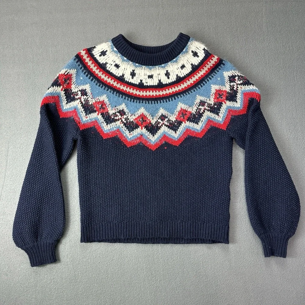 J Crew Zig Zag Faire Isle Wool Alpaca Blend Blue Sleeve balloon Sweater Sz Large